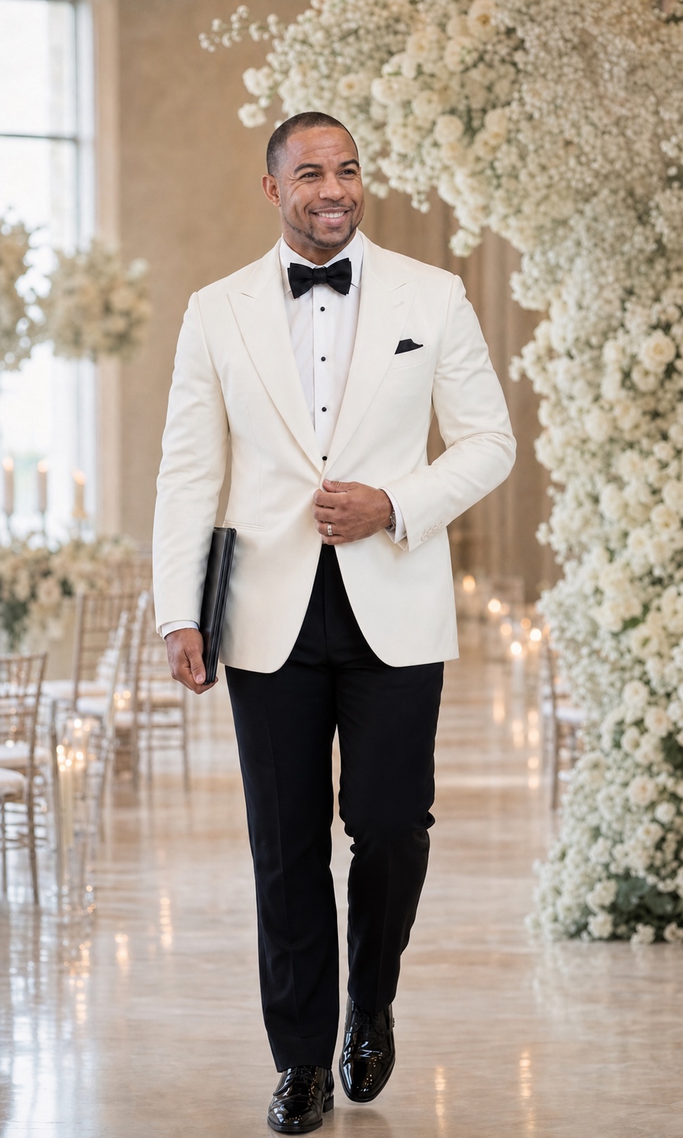 Pastor Wayde Salmon in an ivory dinner jacket at an elegant wedding venue