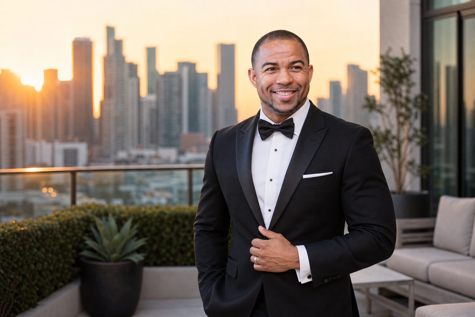 Pastor Wayde Salmon in formal evening attire on a city rooftop at sunset