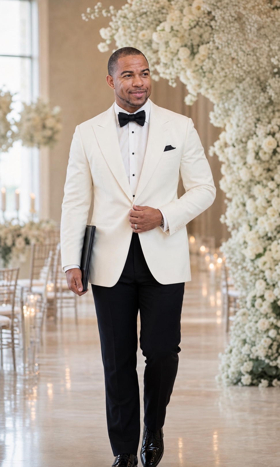 Wayde Salmon in an ivory dinner jacket at an elegant wedding venue